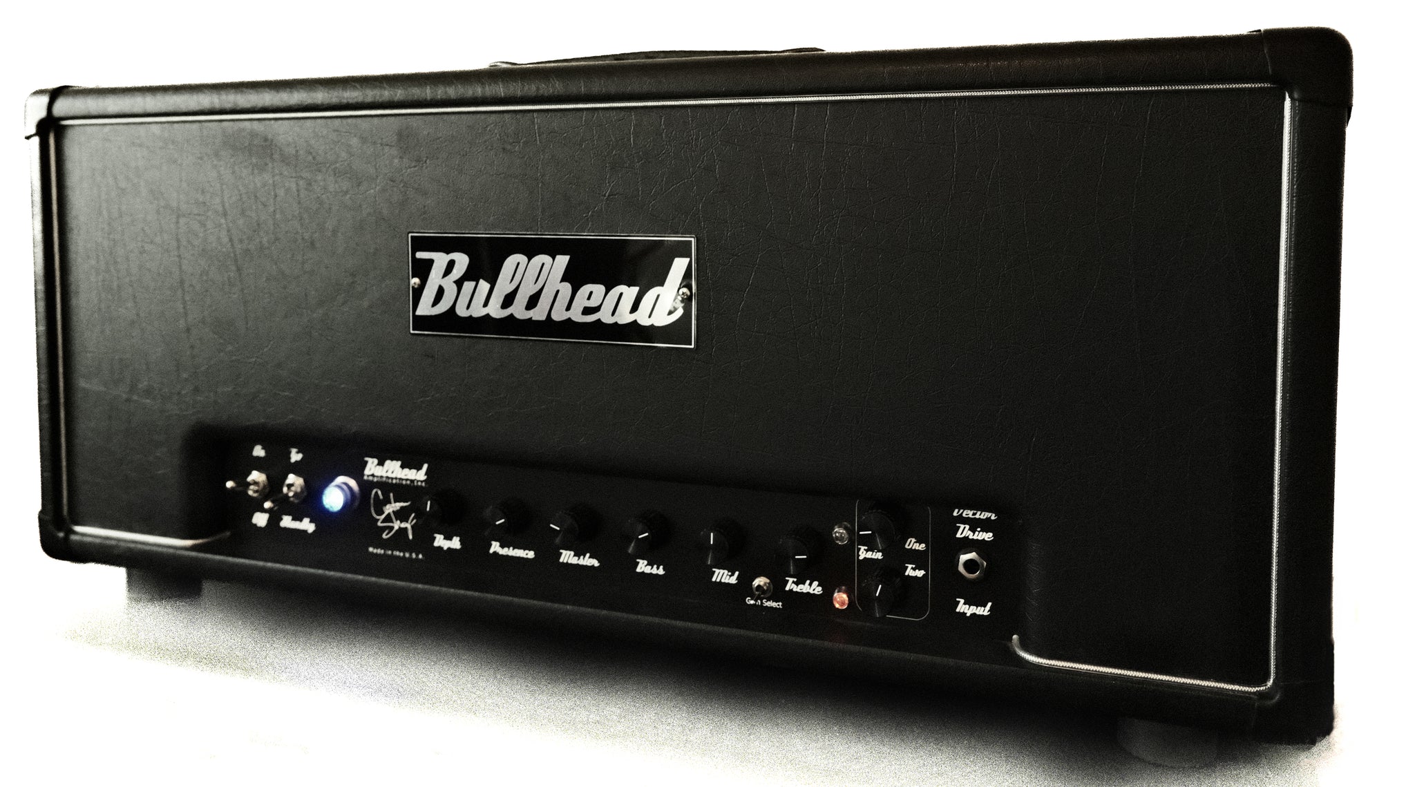 Black Bullhead guitar amplifier head on a white background